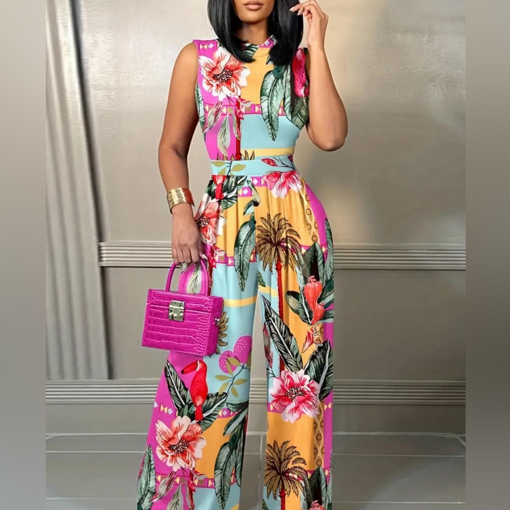 Bohemian Chic Floral Print Wide Leg Jumpsuit - Lightweight, Sleeveless & Flowy - Picture 2 of 7